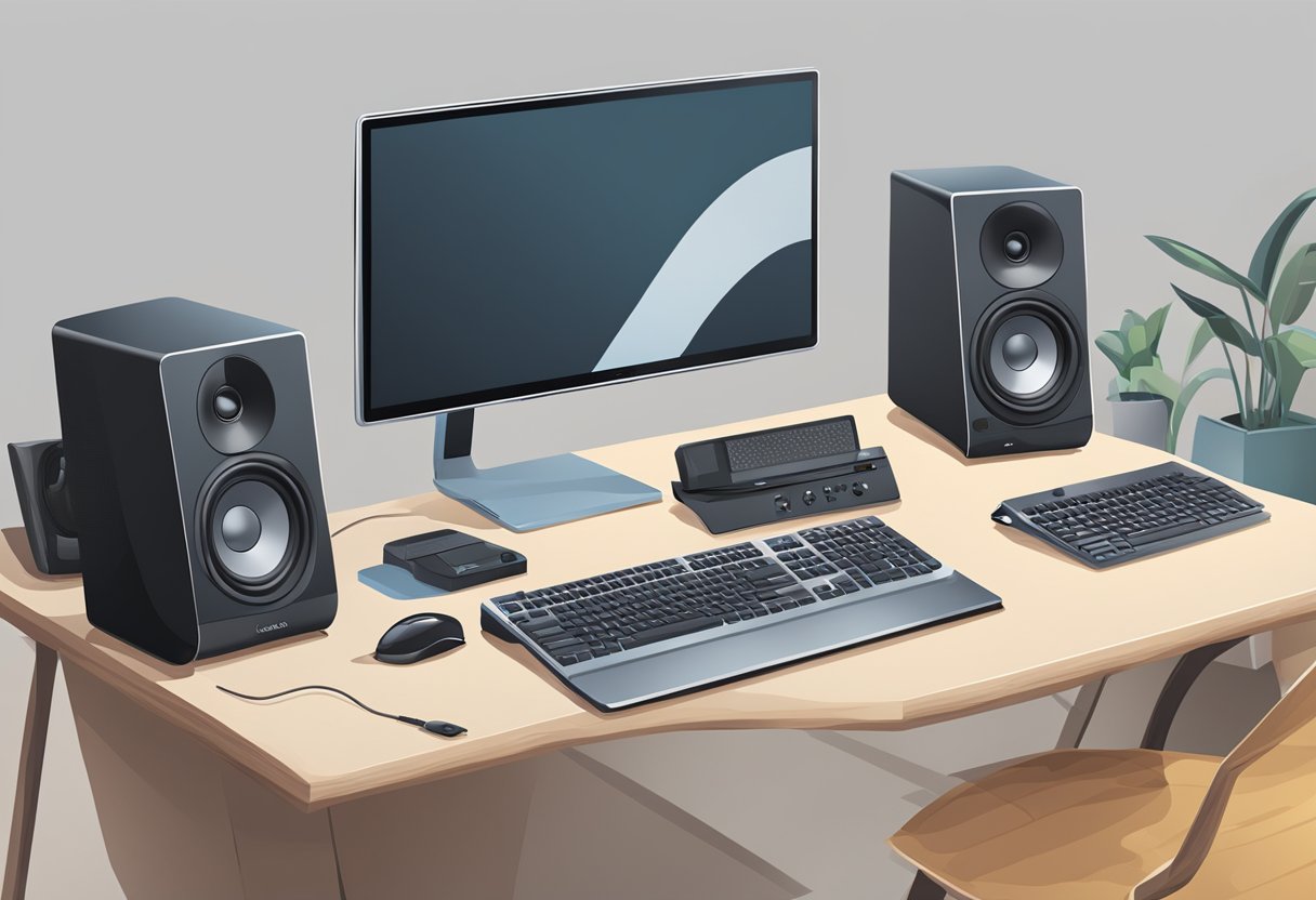 A desk with a computer and Logitech speakers