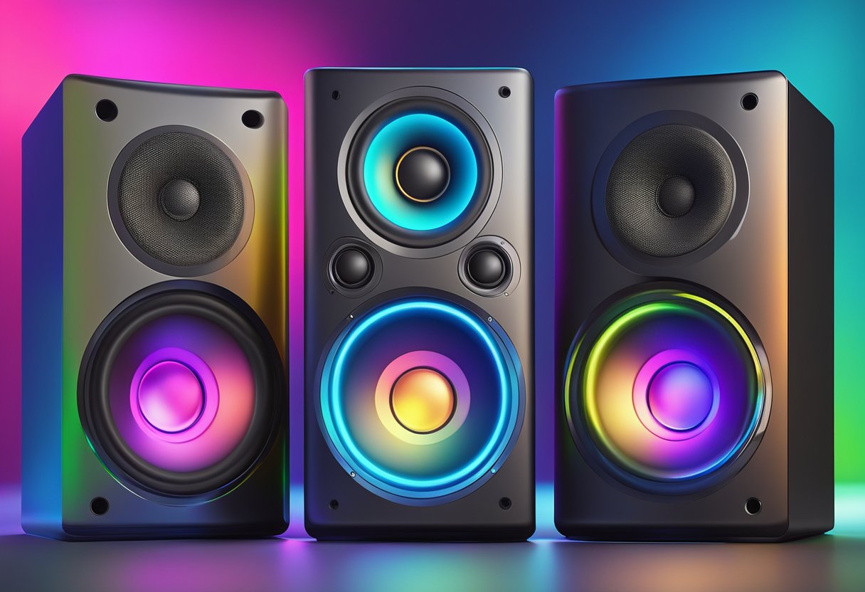 Computer speakers glowing with vibrant colors, casting a dynamic light display across the room