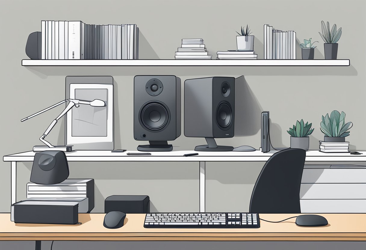 A sleek pair of Logitech MX Sound 2.0 computer speakers sit on a minimalist desk, surrounded by a clutter-free workspace