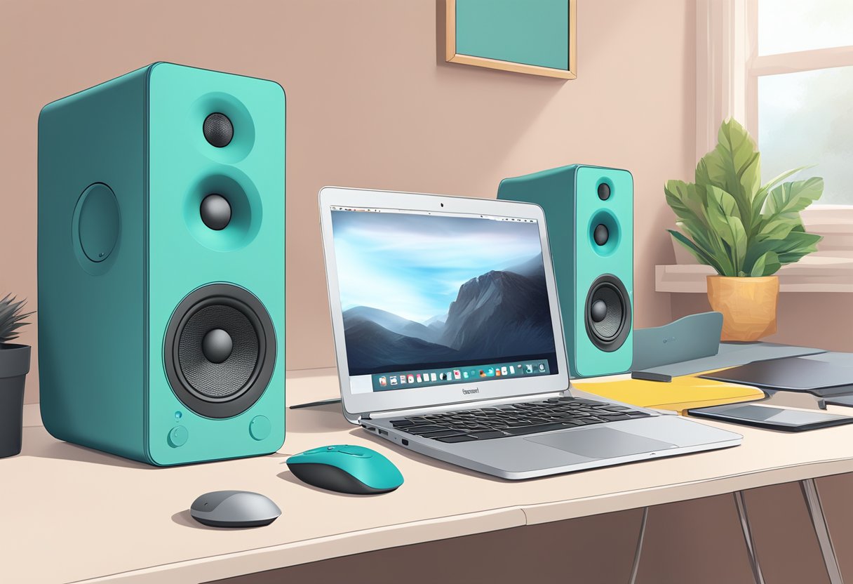 A desk with a laptop and Logitech Z407 Bluetooth computer speakers