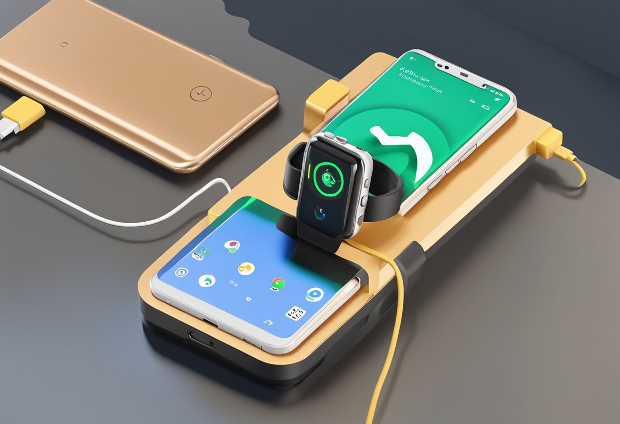 A Google Pixel watch charging dock connected to a power source, with the watch placed on the dock and the charging indicator lit up