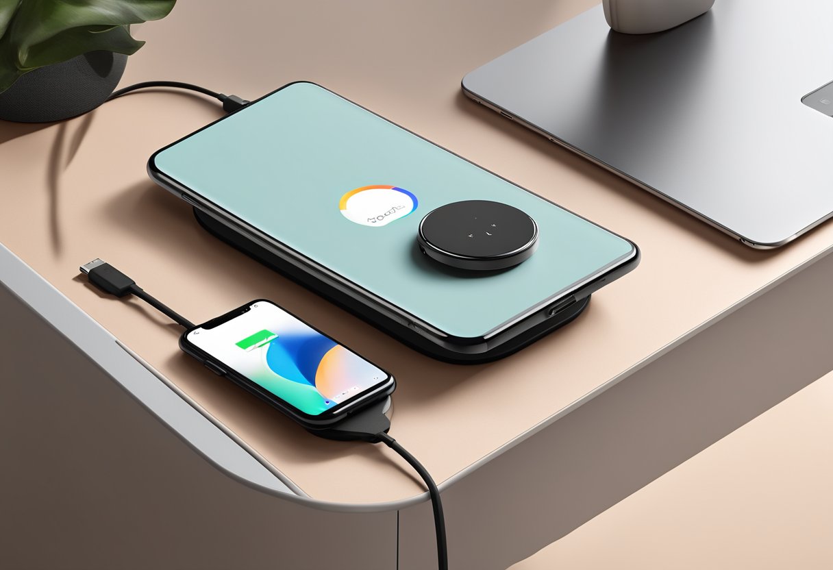 A sleek Spigen ArcField Wireless Charger sits on a clean, modern desk, with a Google Pixel watch charging on its surface