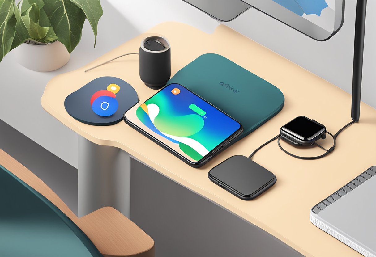 A clutter-free desk with a sleek Anker wireless charger and a Google Pixel watch charging on it