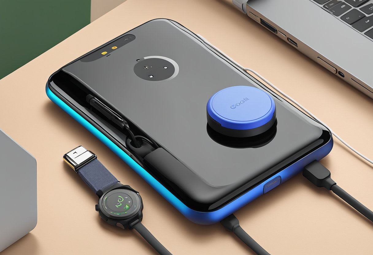 A sleek OtterBox 15W charger is plugged into a Google Pixel watch, with the charging cable neatly coiled on a clean, modern desk