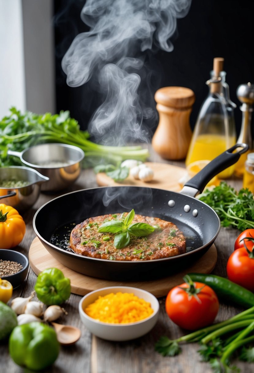 A sizzling skillet surrounded by fresh ingredients and cooking utensils, with steam rising and a delicious aroma filling the air