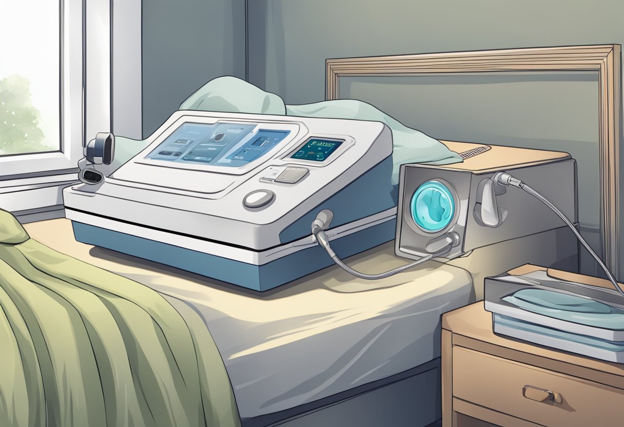 A sleep apnea machine on a bedside table, softly humming as it delivers air to a mask on a pillow