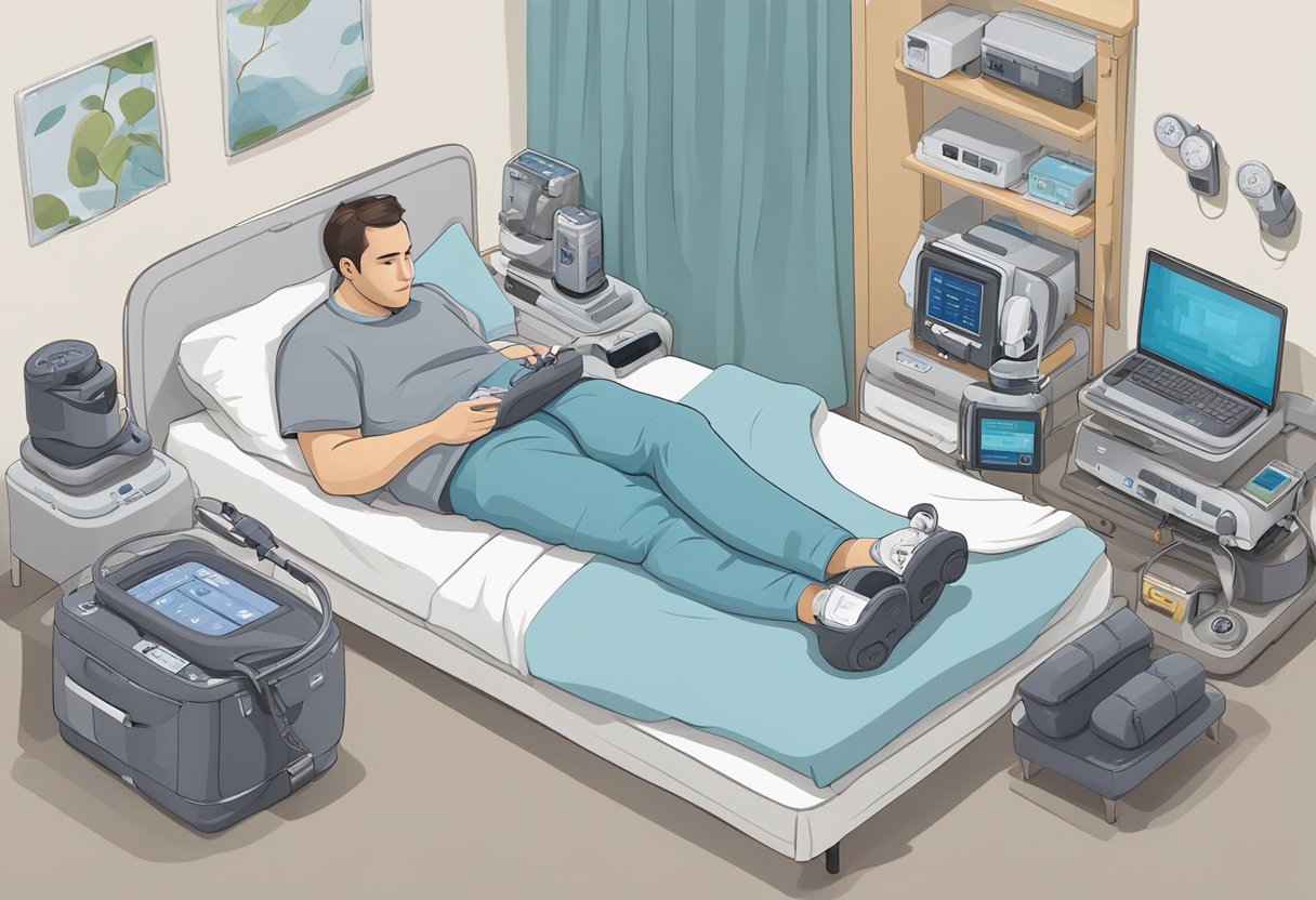 A person lying in bed, surrounded by various CPAP machines, comparing features and reading reviews online