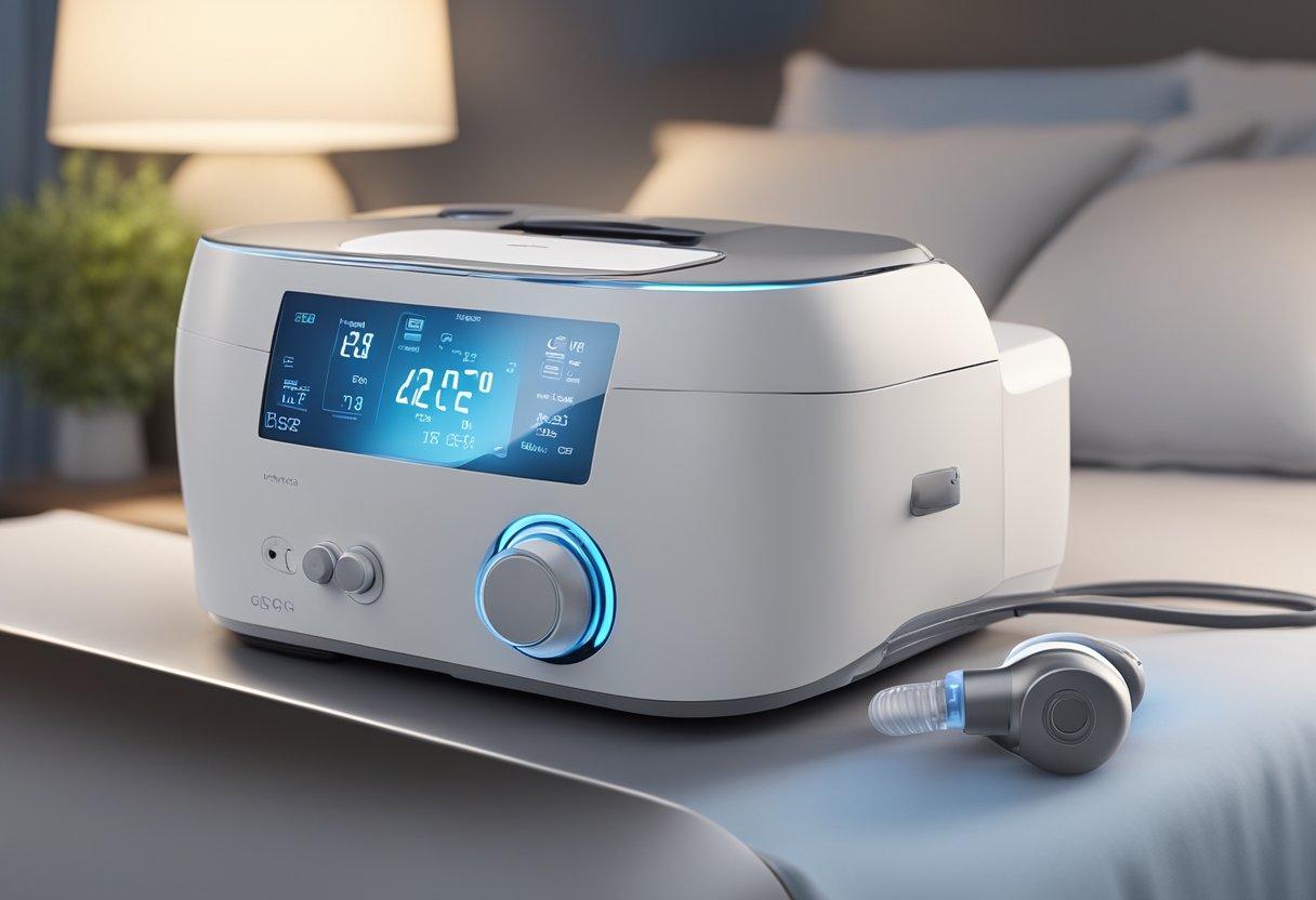 A sleek, modern CPAP machine sits on a bedside table, with a soft glow emanating from its display. The device features advanced technology and a streamlined design