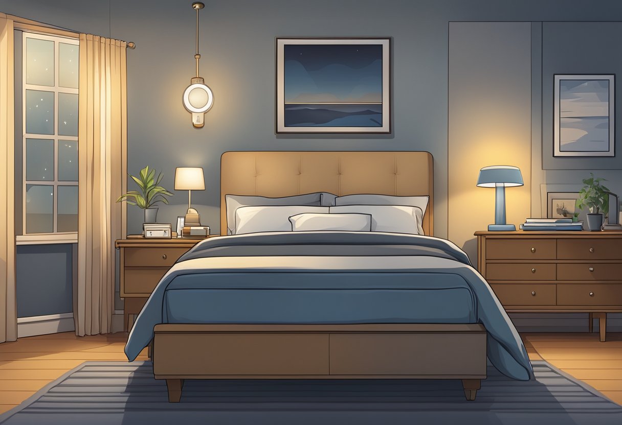 A bedroom with a nightstand holding a sleep apnea machine, a bed with pillows, and a dimly lit lamp