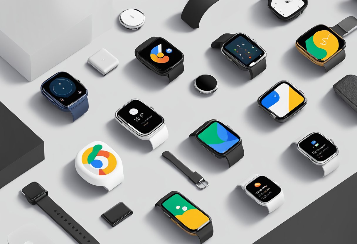 A Google Pixel watch case being displayed on a sleek, modern surface with various smart devices around it for compatibility testing