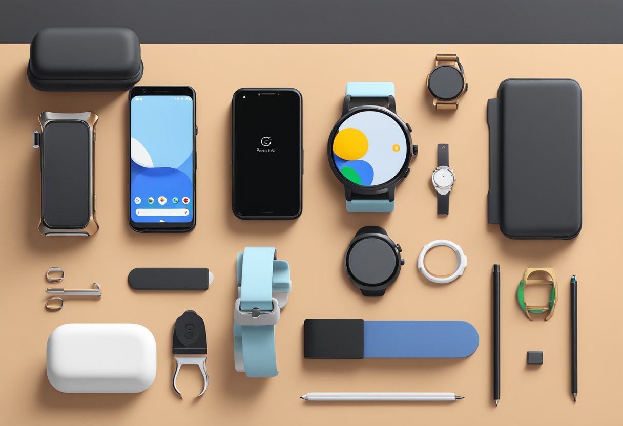 A Google Pixel watch case with various accessories scattered around it on a clean, modern desk with a sleek and minimalist design