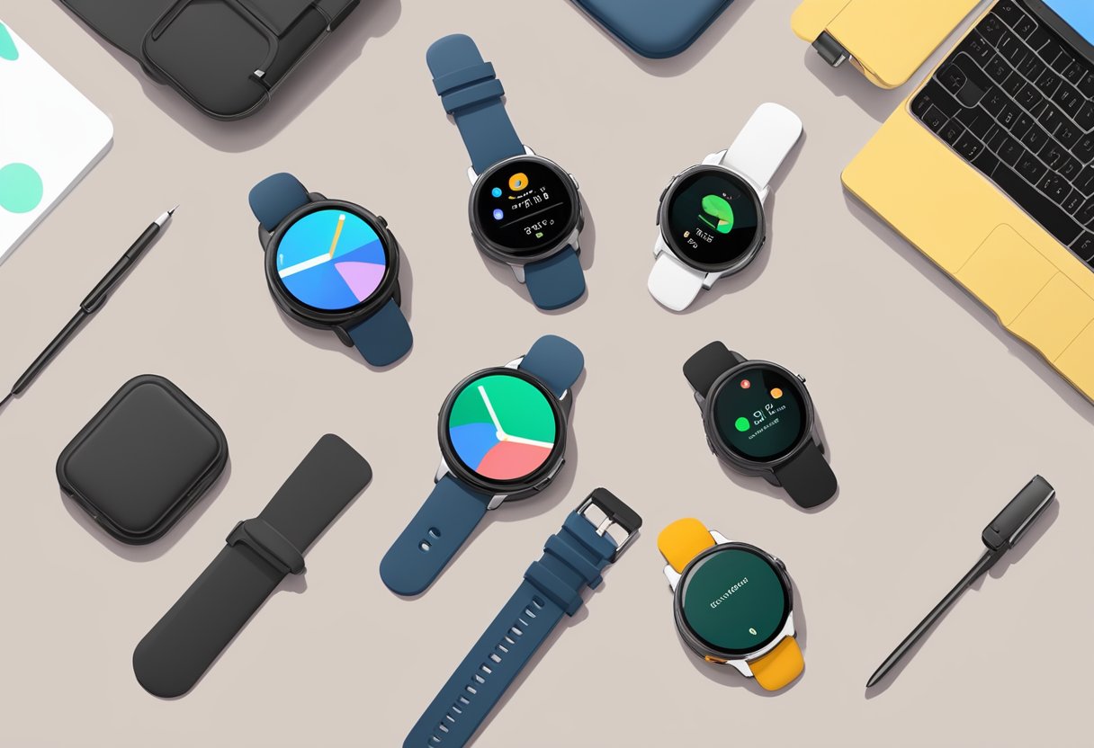 A hand holding a Google Pixel watch case with various color and style options displayed on a table with a price tag