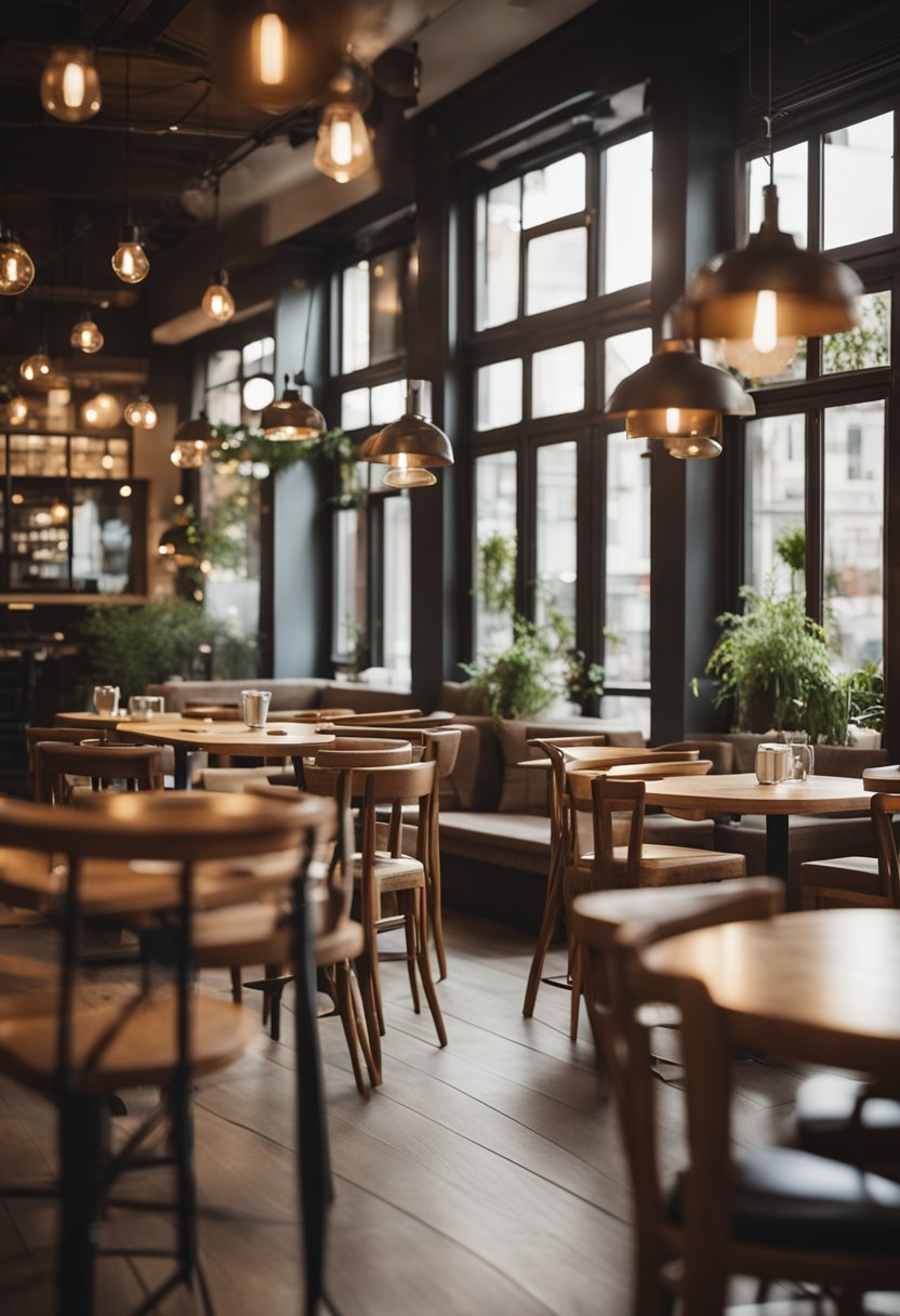 A cozy, rustic cafe with wooden tables and chairs, soft lighting, and a warm, inviting atmosphere