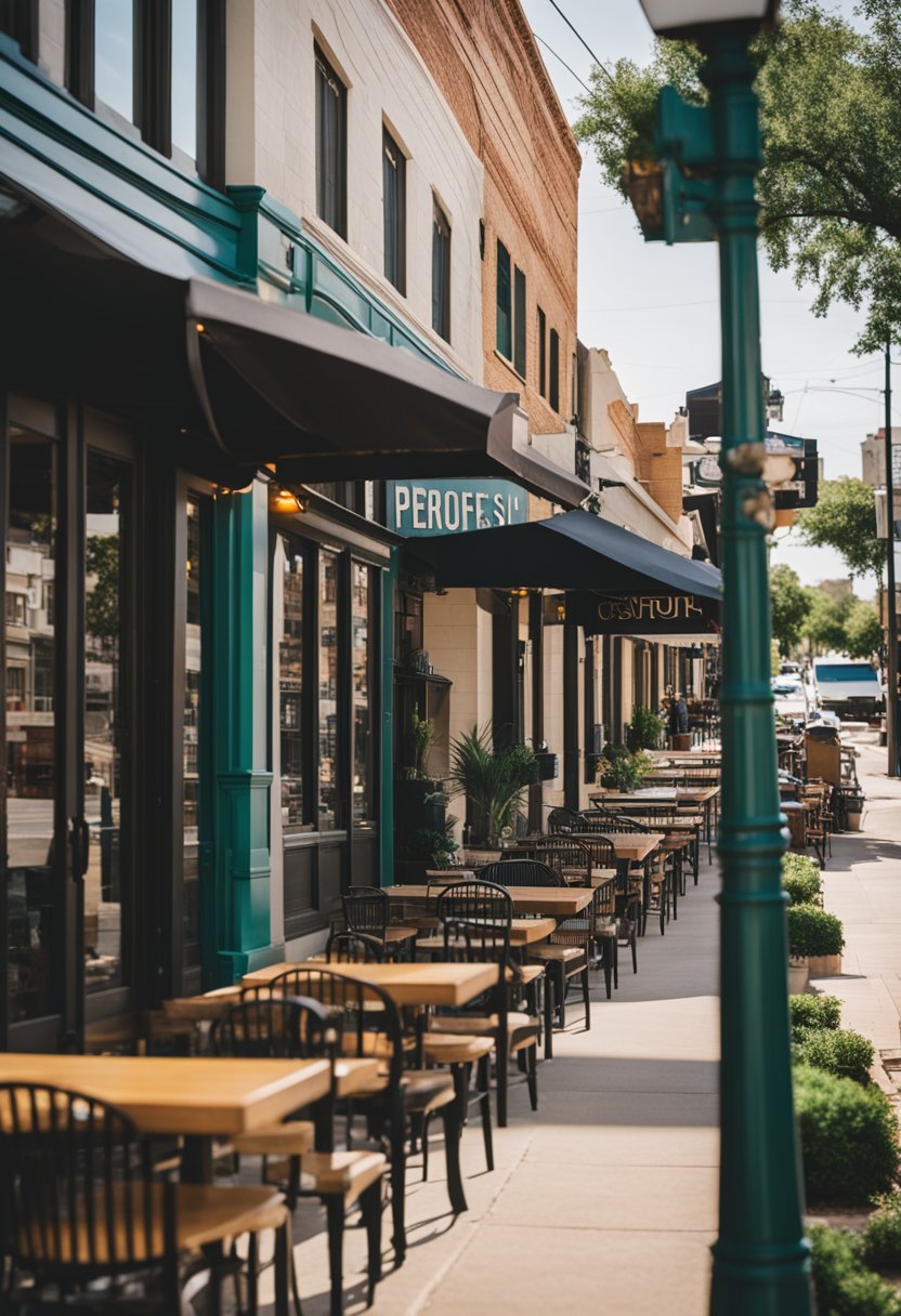 A bustling street lined with diverse restaurants, outdoor seating, and colorful storefronts in downtown Waco