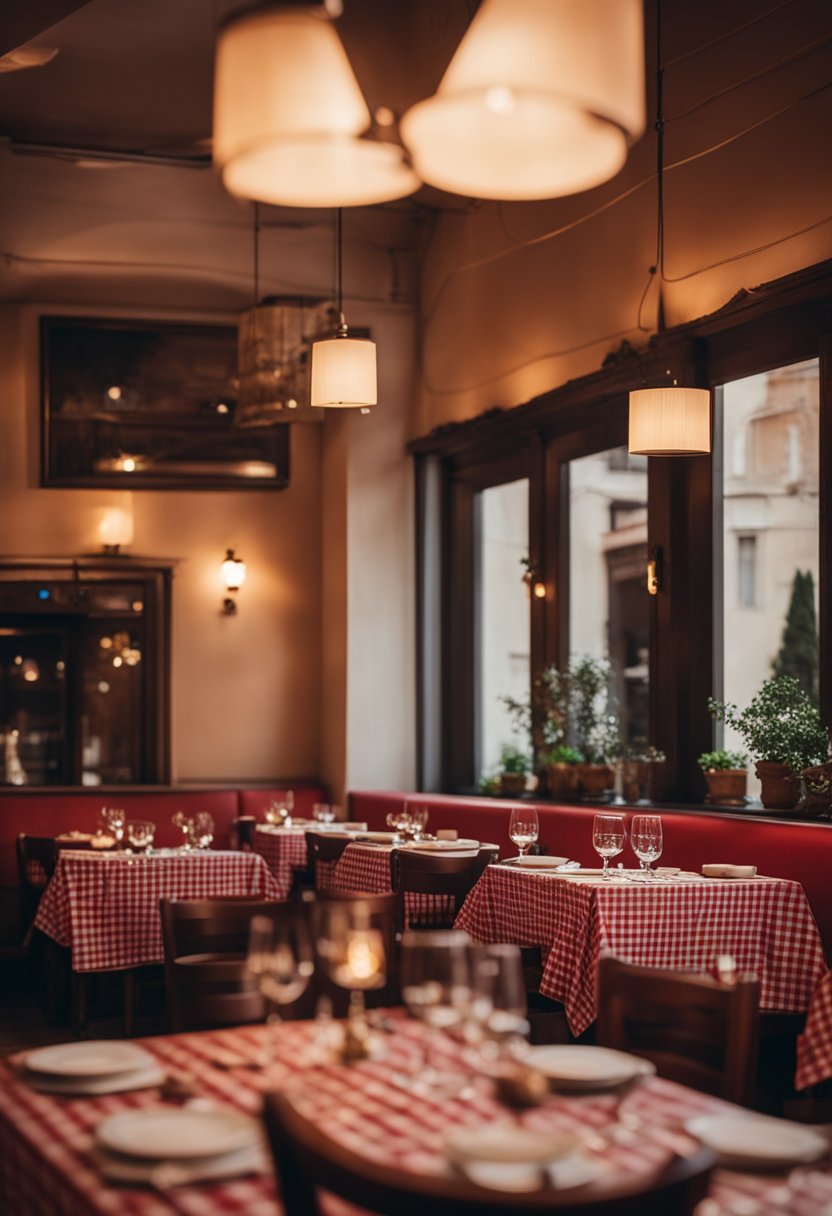 A cozy, candlelit Italian restaurant with red checkered tablecloths and a warm, inviting atmosphere