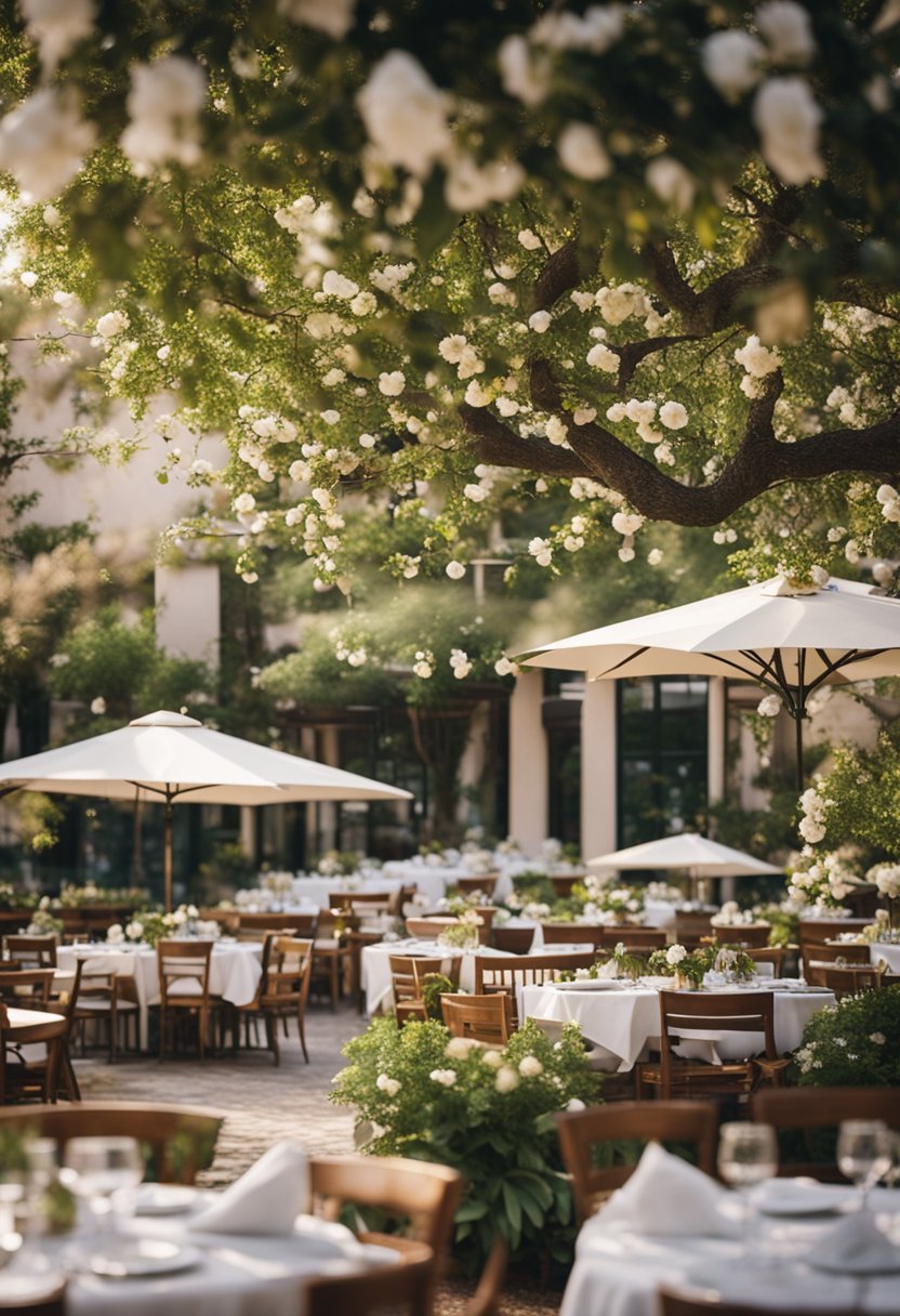 A bustling restaurant with outdoor seating, surrounded by lush greenery and blooming magnolia trees. Tables are set with white linens and elegant place settings