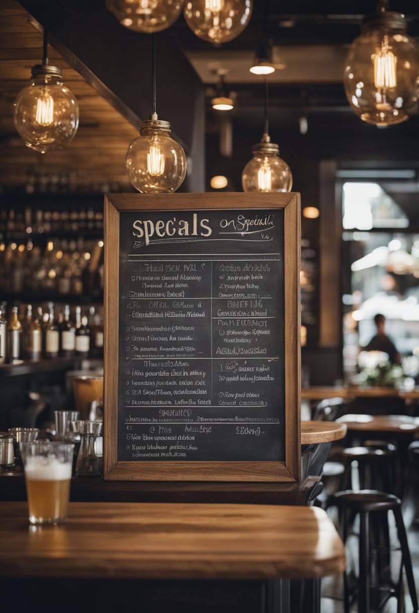 A cozy bistro with warm lighting, rustic wooden tables, and a bustling bar area. A chalkboard menu displays the day's specials, while patrons enjoy their meals and drinks