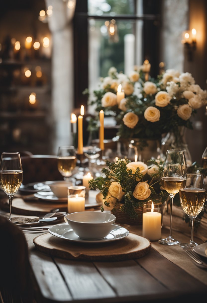 A cozy, candlelit interior with rustic Italian decor and a table set with wine glasses and fresh flowers, surrounded by happy diners enjoying their meals