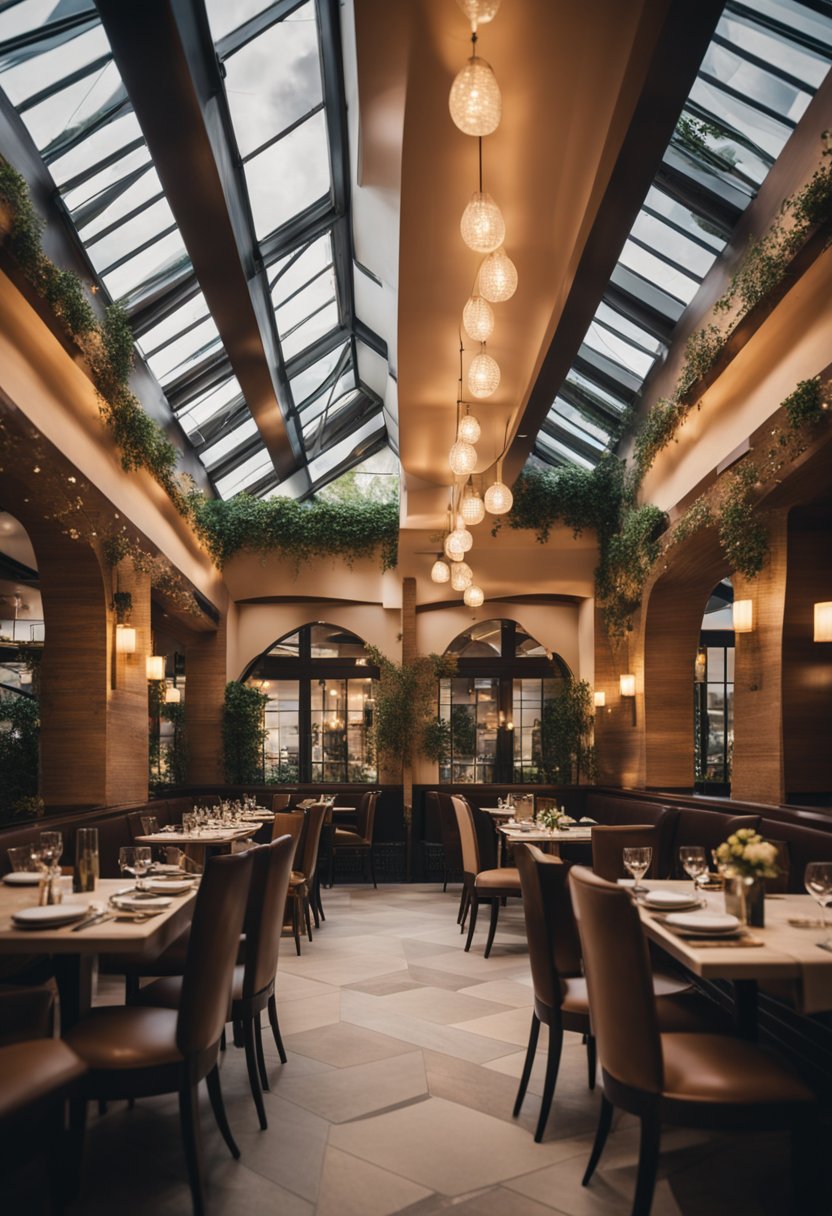 The restaurant is bustling with diners enjoying their meals. The elegant decor and warm lighting create a cozy atmosphere. The aroma of delicious Italian cuisine fills the air