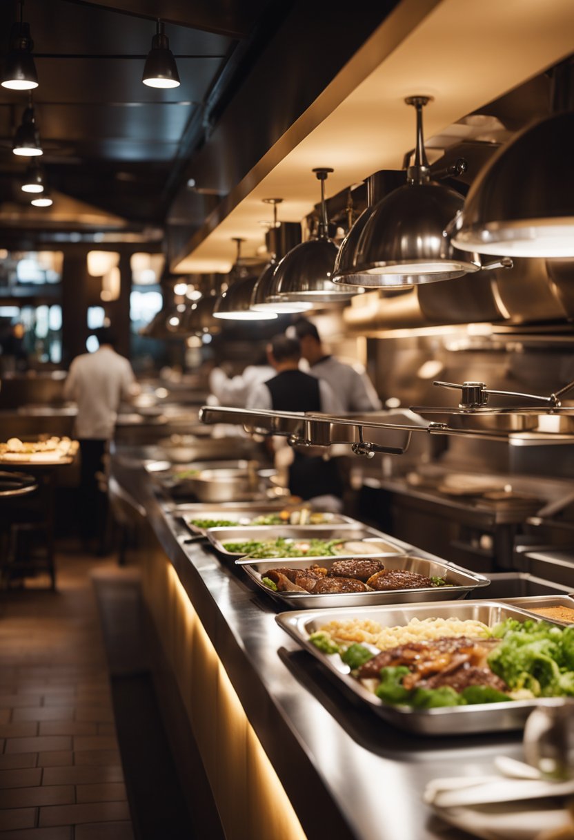 A bustling restaurant with cozy booths and dim lighting, filled with the aroma of sizzling steaks and savory dishes being expertly prepared in the open kitchen