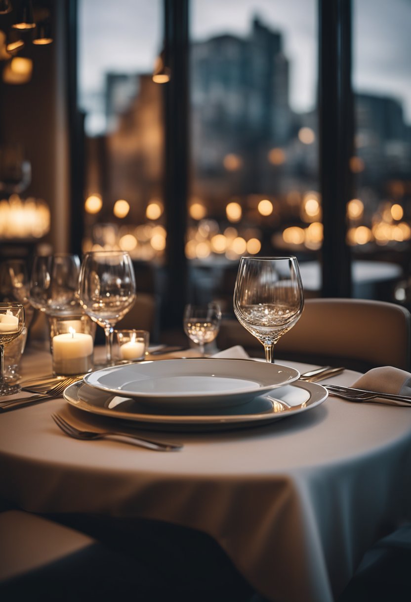 A cozy table setting with elegant dinnerware and a view of the bustling restaurant. Warm lighting and stylish decor create a welcoming atmosphere