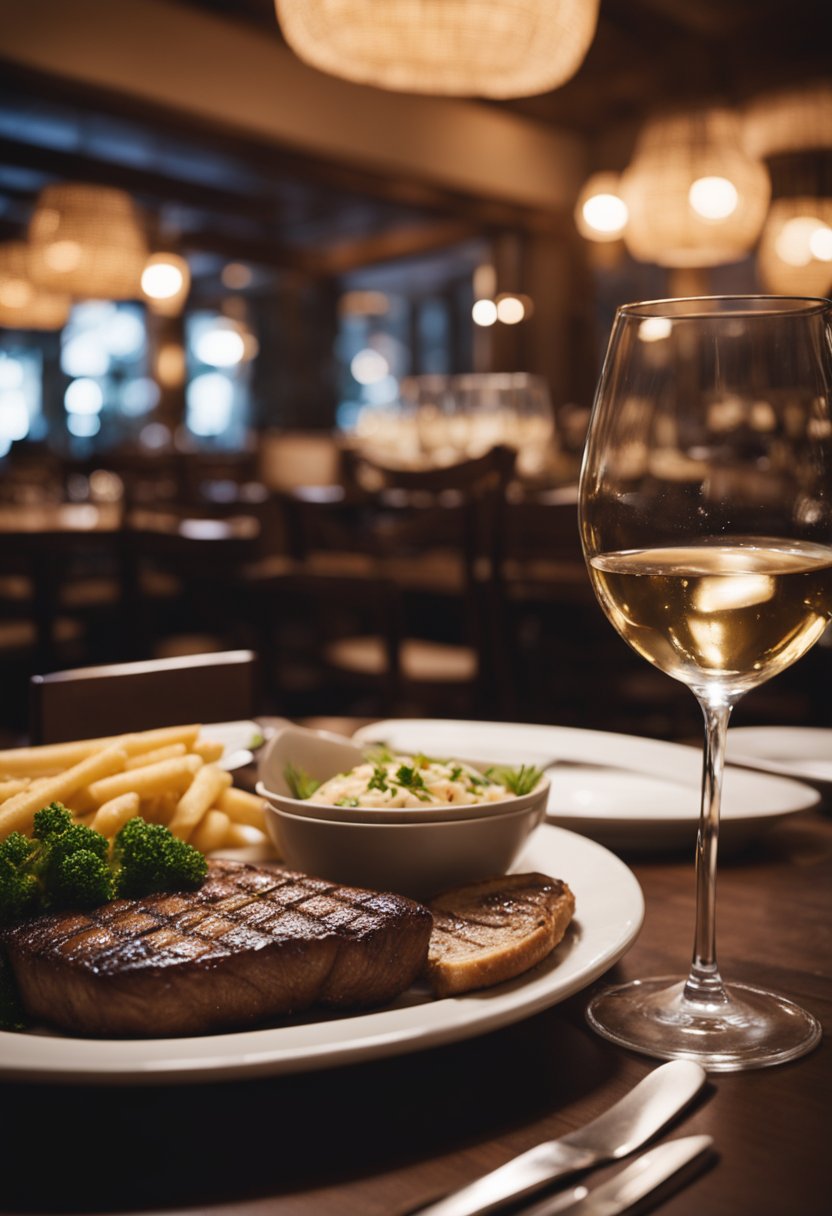 A cozy, dimly-lit restaurant with elegant table settings and a warm, inviting ambiance. The aroma of sizzling steaks and fresh-baked bread fills the air as patrons enjoy their meals