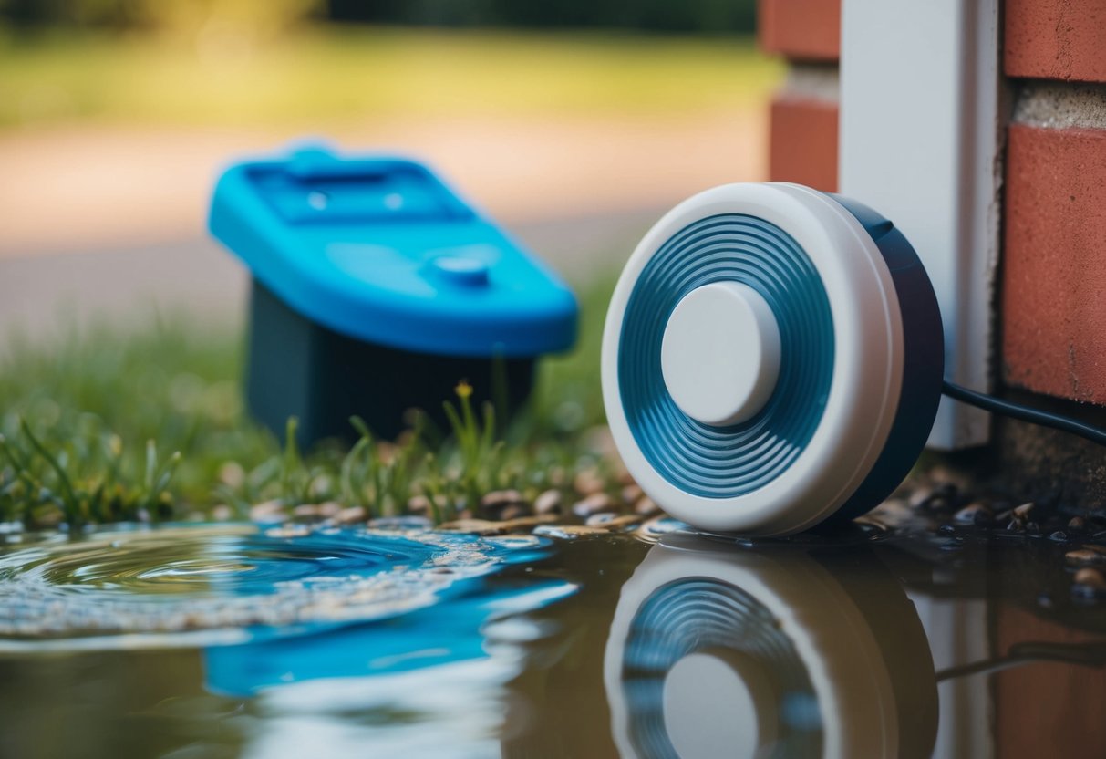 A water leak detector placed near a puddle of water in a residential setting