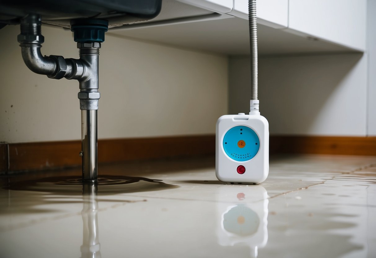 A water leak detector placed near a leaking pipe under a kitchen sink. Water pooling on the floor with a wet trail leading to the detector