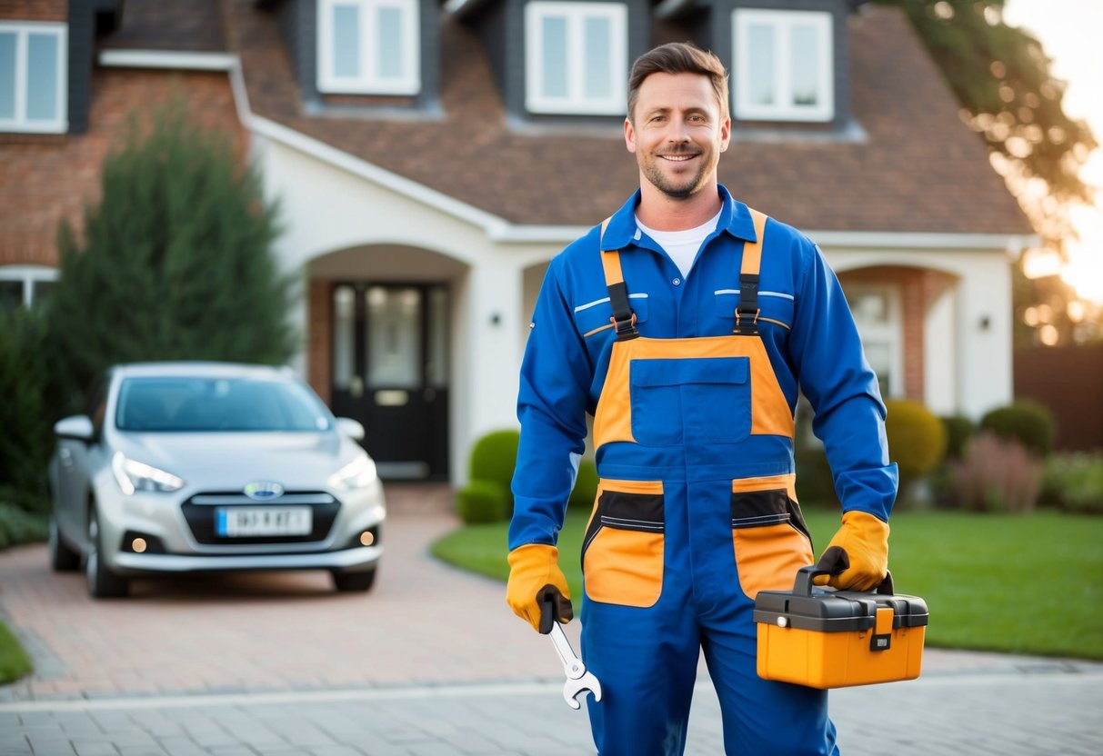 A plumber in coveralls with a toolbox stands in front of a TTDI house, with a wrench in hand, ready to work