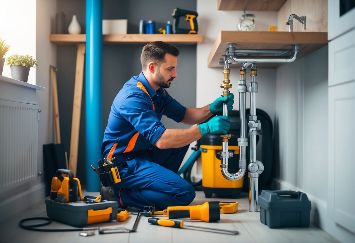 A plumber from Renovation Services works on pipes in a TTDI home, surrounded by tools and equipment