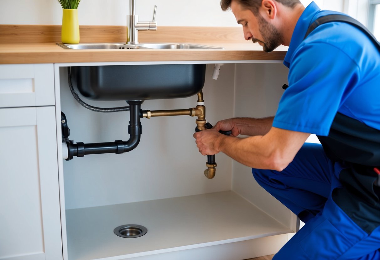 A plumber fixing a leaky pipe under a kitchen sink in a modern home