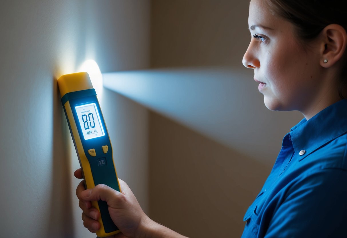 A person shining a flashlight on a wall, using a moisture meter to check for leaks