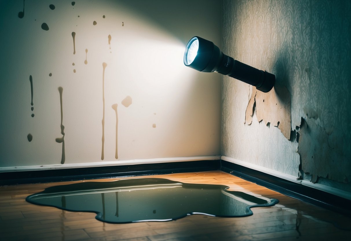 A flashlight shining on a wall with water stains, a puddle forming on the floor, and a damp, discolored patch of wallpaper peeling away