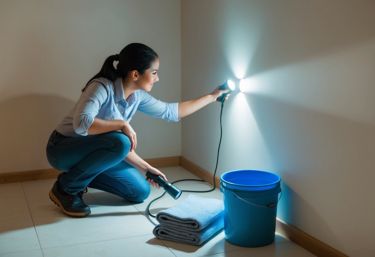 A person using a flashlight to inspect a wall for leaks, with a bucket and towels nearby for potential water cleanup