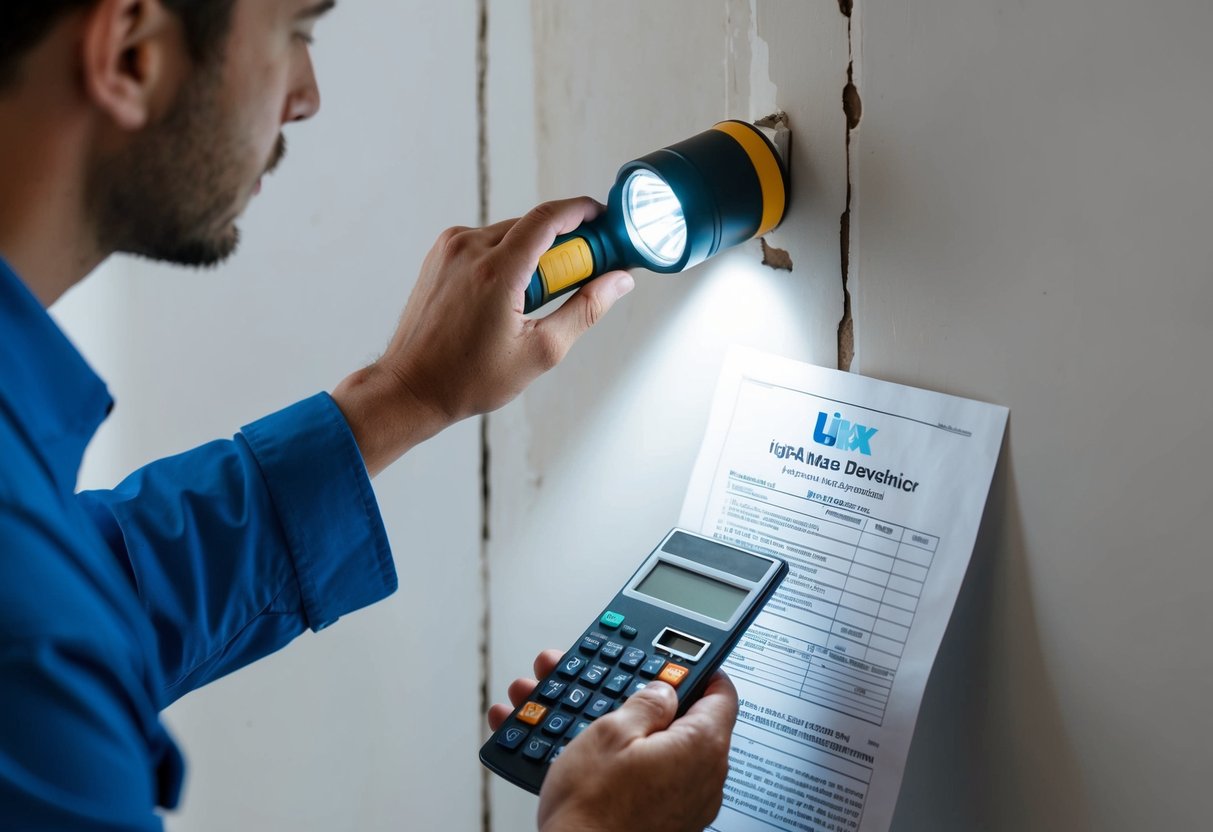 A person using a flashlight to inspect a wall for leaks, while holding an insurance document and calculator