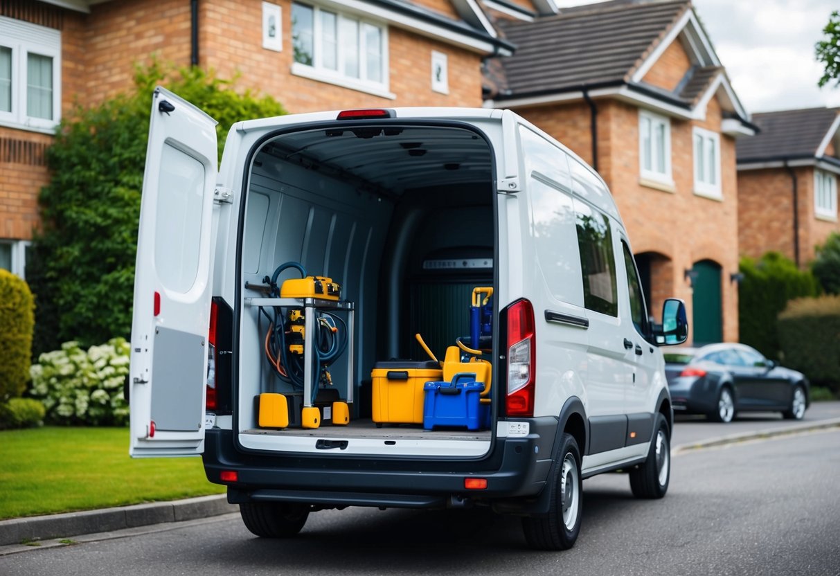 A plumber's van parked outside a residential building, with tools and equipment visible through the open rear doors