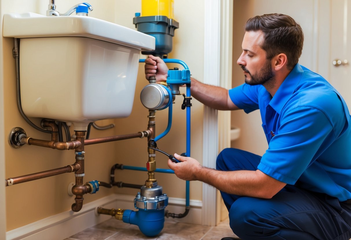 A plumber inspecting pipes and equipment in a residential bathroom