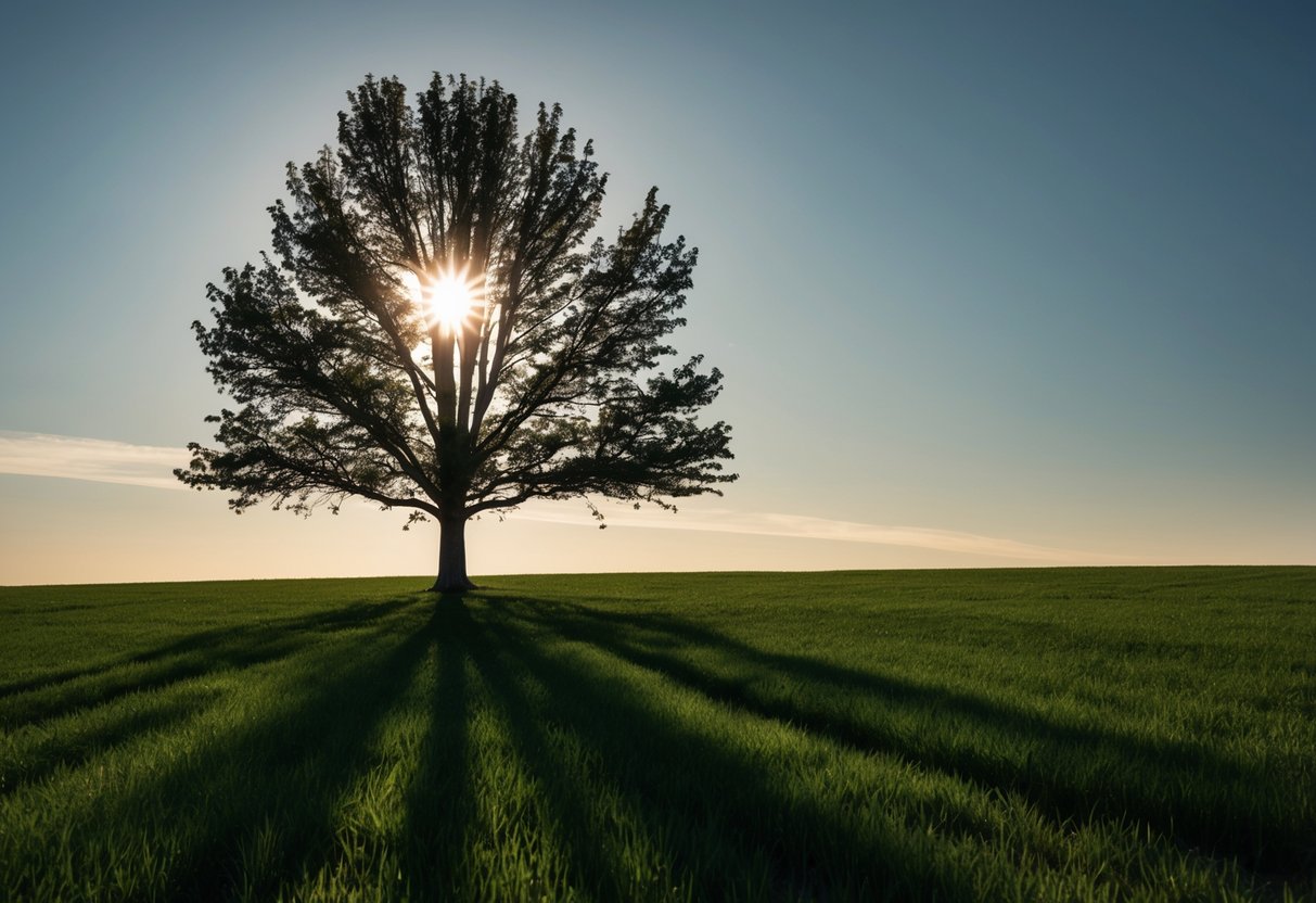 A tree standing in a field with changing shadows cast by the sun at different angles throughout the year