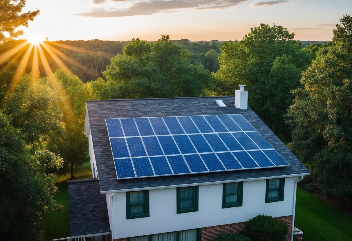 A house with a rooftop solar panel, surrounded by trees, with the sun positioned at different angles throughout the year