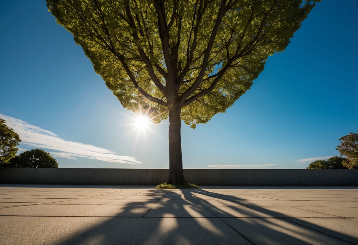 A tree casting a long shadow at different angles as the sun moves across the sky throughout the year