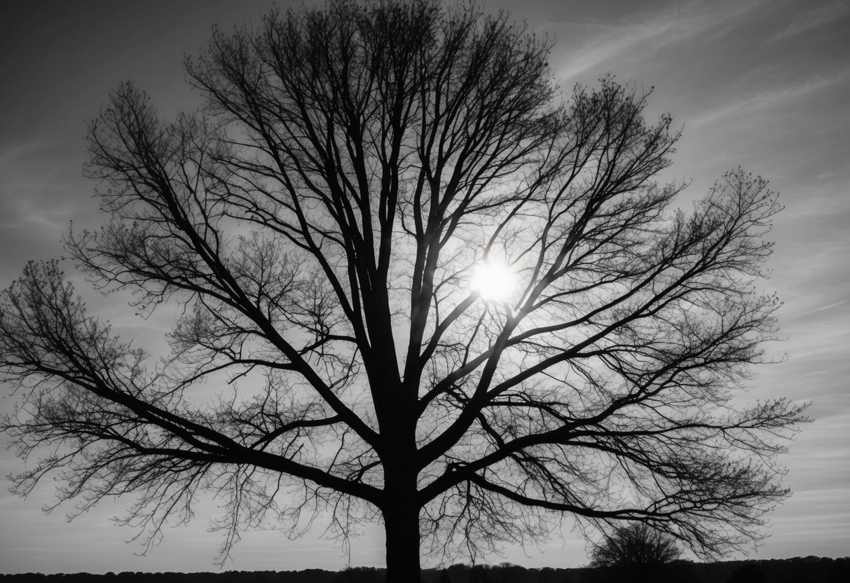 A tree casting long shadows as the sun sets low in the sky, with the changing angle of the sun indicating the shifting seasons