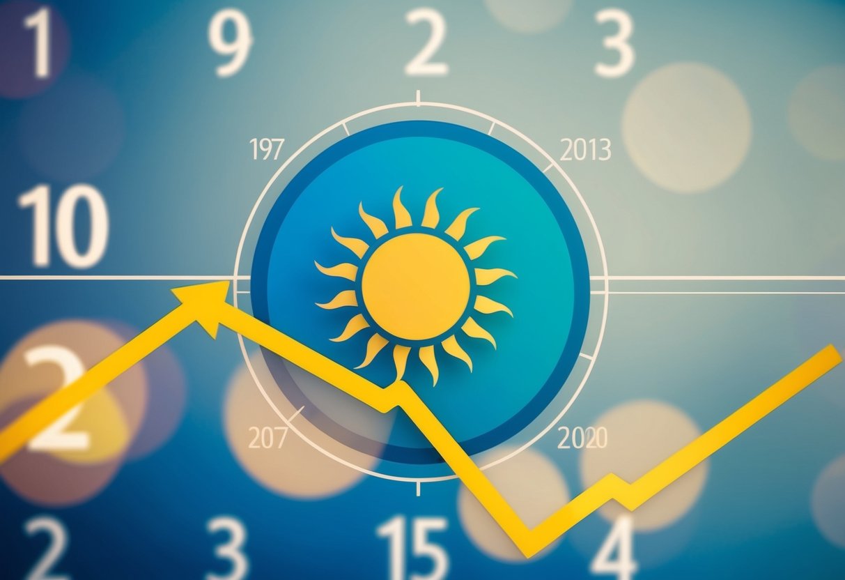 A circular calendar with a sun icon moving across different angles on a graph, representing the sun's position throughout the year