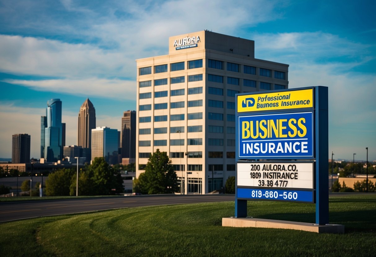 An office building in Aurora, CO with a sign advertising business insurance. A city skyline in the background