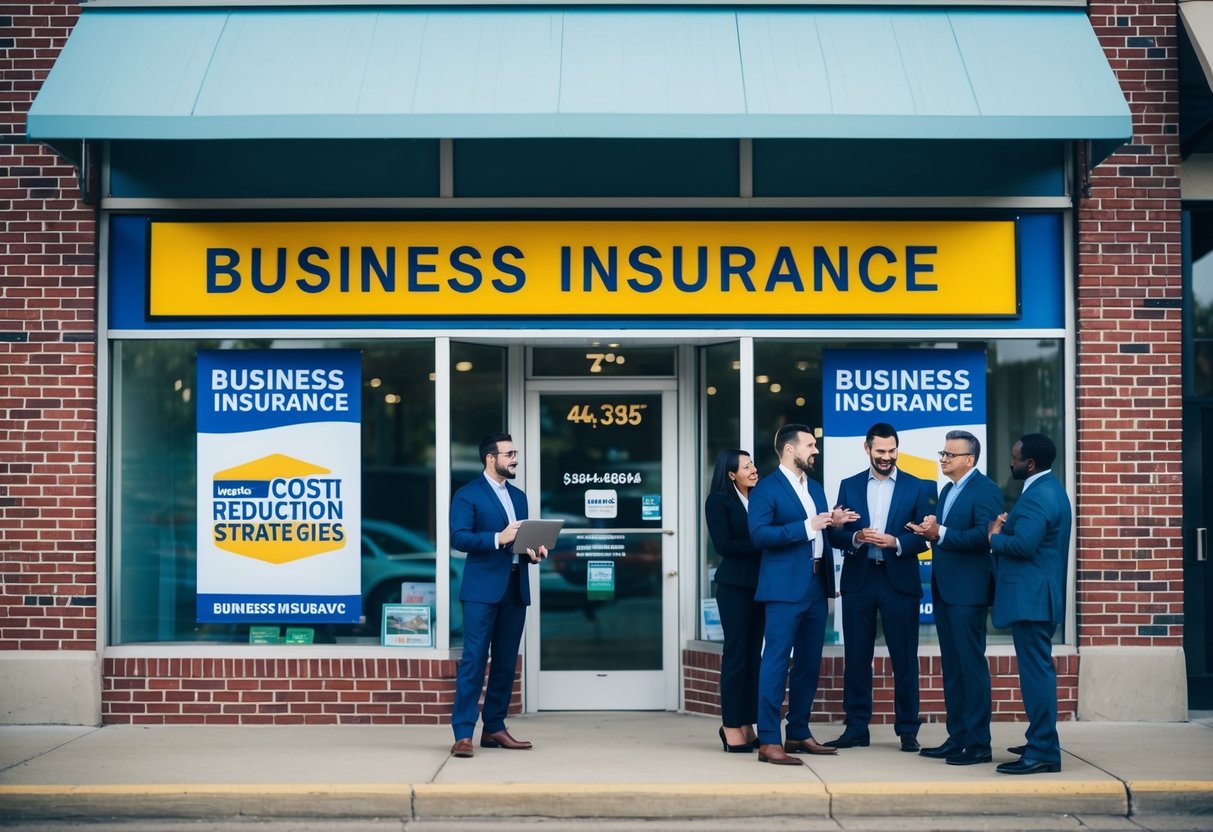A storefront in Aurora, CO with a sign displaying "Business Insurance" and a group of professionals discussing cost reduction strategies