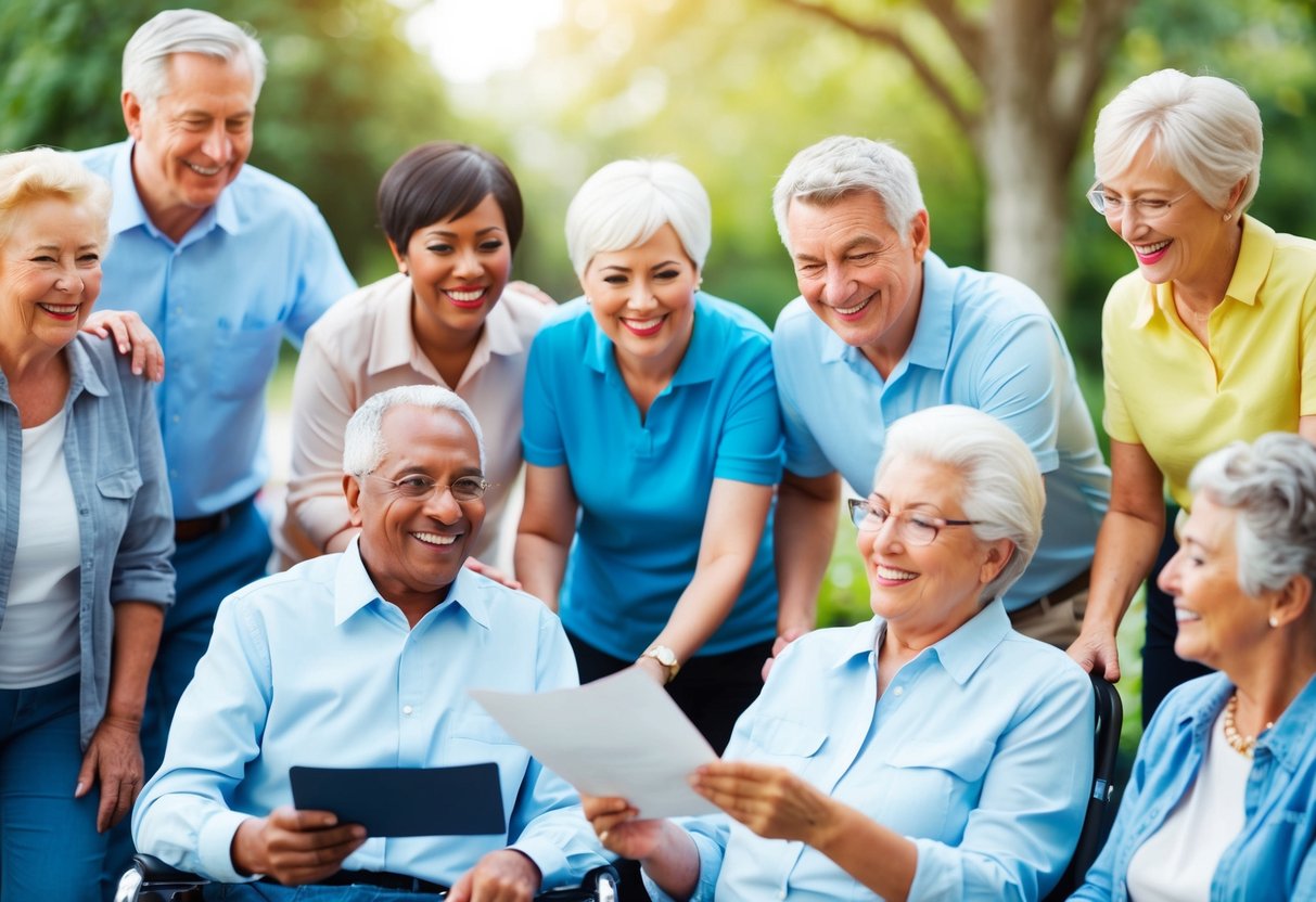 A group of senior citizens smiling and engaging in various activities, such as gardening, walking, and socializing, while an insurance agent presents them with a policy document