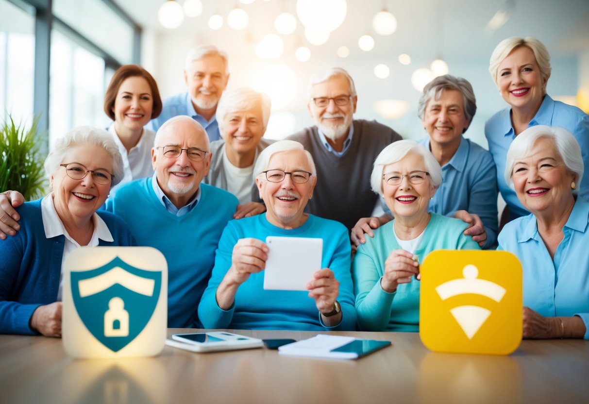 A group of happy senior citizens enjoying various activities with a sense of security and peace of mind, surrounded by symbols of insurance coverage and protection