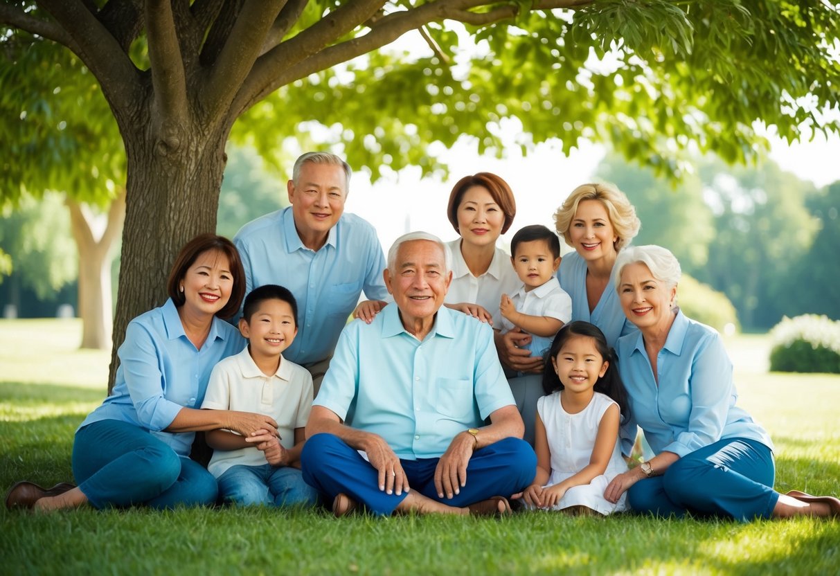 A serene elderly couple sitting under a shady tree, surrounded by their happy and secure family members