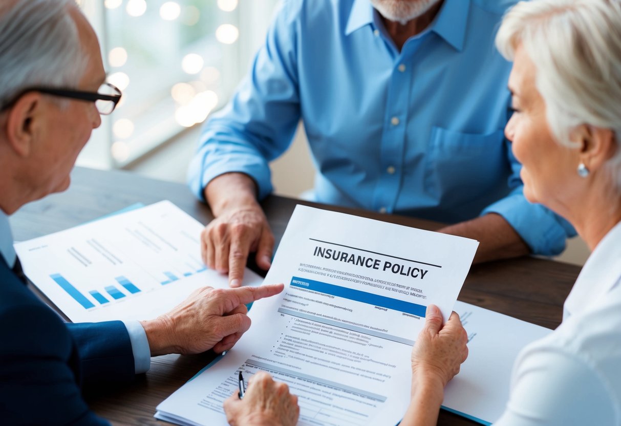 An elderly person reviewing insurance policy documents with a representative, pointing to a section on pre-existing conditions coverage