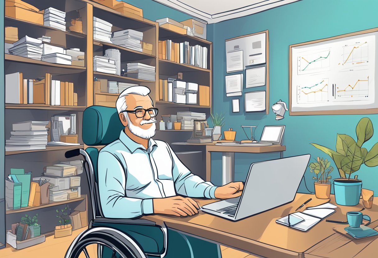 A senior in a wheelchair uses a laptop and phone to manage affiliate marketing while surrounded by a cluttered home office with shelves of products and a whiteboard with marketing plans