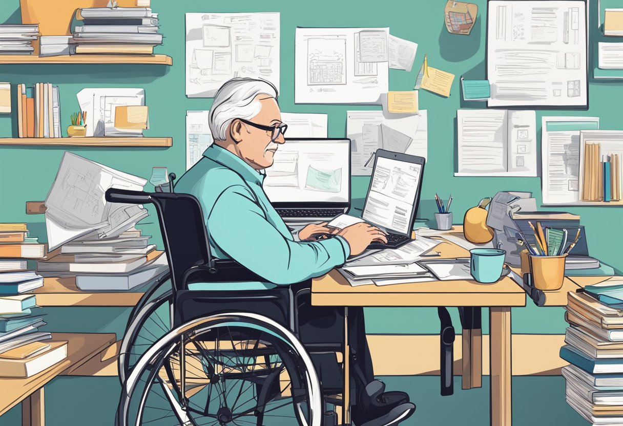 A senior in a wheelchair sits at a desk with a laptop and various marketing materials, surrounded by books and a whiteboard filled with notes and ideas